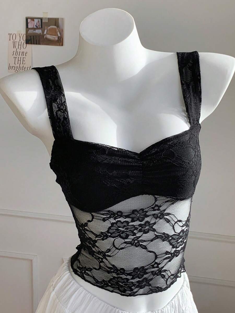 Comfortcana 女士夏季修身蕾絲荷葉邊短款背心