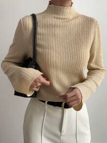 DAZY Women's Casual Solid Color Turtleneck Long Sleeve T-Shirt - Apricot - View 5