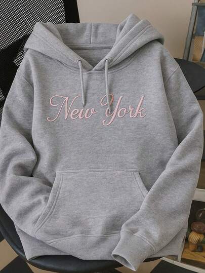 Nes Sport Sudadera informal de manga larga con capucha y bordado de Nueva York para mujer, con cordón y bolsillo, para fiestas