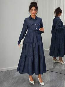 SHEIN Maternity Long Sleeve Button Half Placket Ruffle Hem Casual Denim Dress