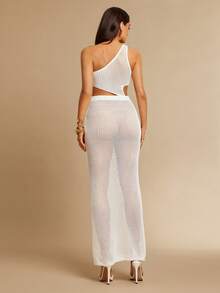 Silquee Women's White Crochet Dress,Pearl Tassel Summer Beach Cover-Up,Casual Holiday Party Vacation Cutout Asymmetrical One-Shoulder Sleeveless Gown - White - View 2