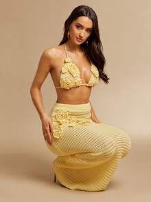 Silquee 时尚针织女式罩裙，带钩花边 - 黃色 - 查看 6