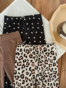 SHEIN LMoss Kids 3件套 女童爱心豹纹针织休闲打底裤 - 卡其色 - 查看 5