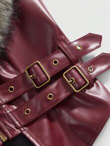 ROMWE J-Fashion Y2K秋冬季可拆卸人造毛领女式PU皮夹克 - 酒紅色 - 查看 3