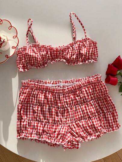 Comfortcana 2pcs Women Plaid Frill Trim Cropped Camisole & Shorts Set