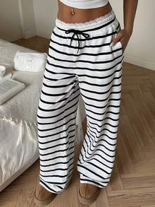 SHEIN EZwear 女士条纹蕾丝边抽绳腰带口袋休闲百搭阔腿裤 - 黑色 - 查看 3