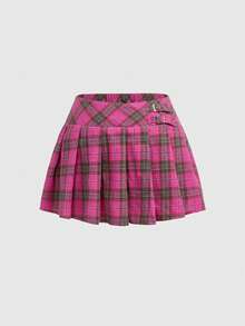 ROMWE J-Fashion 大码性感复古百搭Y2K格子迷你裙 - 粉色 - 查看 1