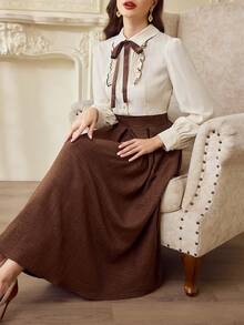 Vintamour Vintage Elegant Women's Dress With Pockets Contrast Color Pleated Pearl Button Shirt Dress Casual Commute Holiday Dress Winter Dresses Women's Winter Dress Winter Clothes For Women New Year Dress Women's New Year's Eve Dresses New Year Outfit New Year Clothes Elegant Dresses For Women Elegant Dresses For Ladies Vacation Outfits Women Elegant Dresses For Party Spring Outfit Women Spring Break Outfits Spring Dress Women Brown Dress - Brown - View 2