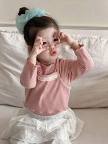 DAZY Baby Girls 2 In 1 Solid Color Lace Patchwork Cute Sweet Long Sleeve Top Toddler Girls Clothes - Pink - View 3