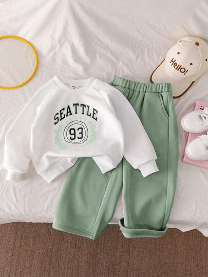 Genkimix Kids Conjunto de 2 piezas Genkimix para niñas jóvenes: sudadera blanca de manga raglán y pantalón de chándal rosa de corte holgado, adecuado para usar en primavera, otoño e invierno, apropiado para salidas, la escuela y el uso diario casual