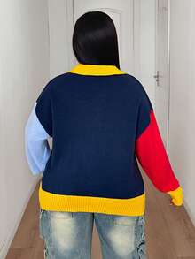 Maweii Femmes Décontracté Simple Polyvalent Style Universitaire Jeune Mode Navetteur Rue Fête Polo Chemise Bouton Manches Longues Épaule Tombante blocs de couleurs Col Ample Droit Ajusté Plus Taille Tricot Pull Top, Automne Hiver - Multicolore - Voir 2
