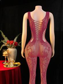 1pc Women's Floral Sheer Sexy Bodystocking Fishnet Lingerie - Burgundy - View 7