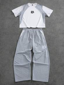 PAVTROS 男士圆领撞色字母印花短袖T恤和抽绳腰休闲裤套装 - 彩色 - 查看 3