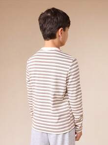 SUMWON Boys Striped Long Sleeve Henley Top With Button Placket And Logo Casual Everyday Wear School Tween Vacation - Apricot - View 2