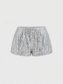 ROMWE Grunge Punk Quần short sequin bạc dự tiệc thời trang cỡ lớn - Bạc - Xem 5