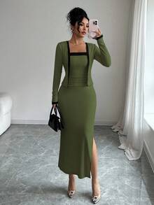 SHEIN Elenzya Bộ 2 chiếc áo khoác cardigan dài tay phối màu thanh lịch dành cho nữ và váy liền thân, thích hợp cho tiệc tùng, họp mặt gia đình, Giáng sinh, Halloween, ngày lễ tình nhân, năm mới, đi làm và mặc thường ngày, mùa thu/đông - xanh quân đội - Xem 6