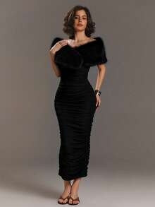 Aloruh Women's Off-Shoulder Ruffle Collar Fitted Elegant Party Dress