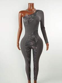 Mistrie Women's Textured Pattern Splicing Oblique Shoulder Single Sleeve Tight Jumpsuit,Gray,Autumn,Elegant,Seksi Chic,Night Out,Y2K Casual Daily Summer Wear - Dark Grey - View 3