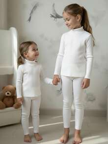 SHEIN 2pcs Tween Girls Solid Color Knit Polo Neck Casual T-Shirt And Leggings Set 2pcs/Set Young Girls Casual White Ribbed Knit T-Shirt And Leggings Set, For Indoor And Outdoor Wear, Autumn/Winter 2pcs Young Girl Solid Color Knit Stand Collar Casual T-Shirt And Pants Set Adorable White Ribbed Knit Turtleneck And Leggings Set For Young Girls /Tween Girl  Soft Comfortable Two Piece Outfit Pajamas, Nightgowns, Daily Use White Outfit For  Tween Girls - White - View 3