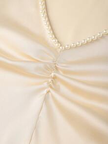 SHEIN Franclia Glossy Satin Fabric Minimalist Casual Elegant V-Neck Blouse, Collar With Pearl Beads - Apricot - View 3