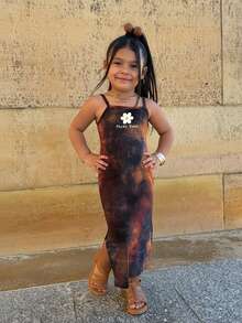 SHEIN Retro Tie-Dye Print, Plucky Daisy, Young Girl Casual Fashion Knitted Spaghetti Strap Mini Dress, Suitable For Summer - Multicolor - View 3