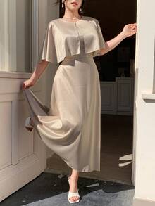 DAZY Women's Round Neck Shawl Collar Satin Elegant Dress - Apricot - View 4