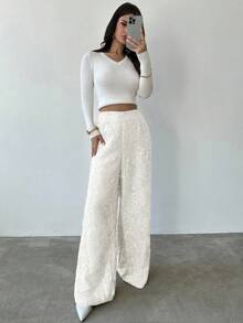Firerie Women's Sequin Design Fashionable Versatile Wide Leg Pants, Suitable For Commuting - White - View 3