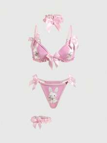 ROMWE Kawaii Cute Bunny Lace Bralette, Thong, Choker & Leg Garter Sexy Lingerie Set, For Valentine's Day