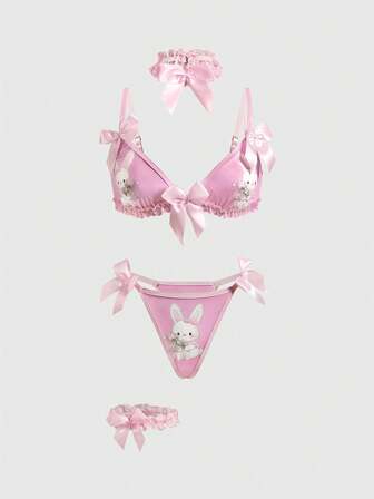 Kawaii Set di lingerie sexy con reggiseno a bralette in pizzo, perizoma, collana e giarrettiera per le gambe a tema coniglietto carino