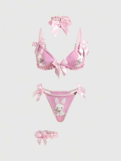 Kawaii Set di lingerie sexy con reggiseno a bralette in pizzo, perizoma, collana e giarrettiera per le gambe a tema coniglietto carino