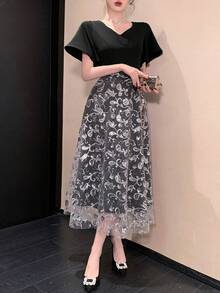 DAZY Abito elegante da donna per pendolarismo, con paillettes, ricamo e inserti in rete, abito da sole primaverile - Multicolore - Visualizzare 6