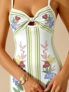 CAJUNI 女士休闲度假花卉和香蕉叶印花吊带背心腰中长连衣裙，适合约会 - 杏色 - 查看 3