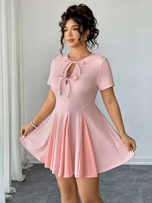 Elenzga Plus Size Dusty Pink Summer Elegant Wedding Guest Mini Dress,Sweet & Spicy Tie-Front Hollow-Out Waist Cinching Pink Bow Dress,Patchwork Skirt Hem - Pink - View 3