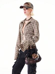 Bloopia 女士格子束腰金属钩开衫 - 棕色 - 查看 7