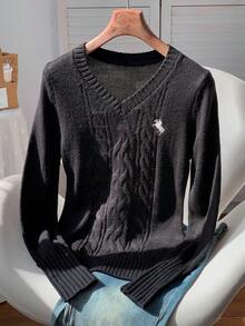 CovetEZ Women's Casual Minimalist Embroidery Detail Sweater,Tops For School In Fall/Winter - Black - View 4