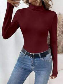 SHEIN LUNE 女士休闲高领长袖紧身打底T恤，适合秋冬季穿着 - 酒紅色 - 查看 8