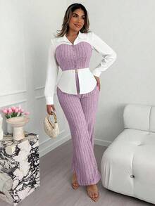 Xyvia Bộ 2 món Áo dài tay cao cấp thông minh trưởng thành màu mơ và trắng sang trọng dành cho nữ đi làm, áo sơ mi cổ bẻ, cổ bẻ, ôm eo, quần ống rộng có gân, phù hợp mặc ở văn phòng, trường học, công sở, đi làm, thường ngày vào mùa thu, đông, xuân - Màu tím - Xem 5