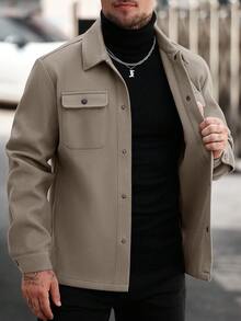 Manfinity Homme 男士纯色长袖单排扣口袋休闲羊毛混纺夹克，秋冬款 - 卡其色 - 查看 6