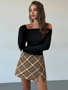 Aloruh Plaid High Waist Asymmetrical Split Casual Skirt For Women - Mocha Brown - View 5