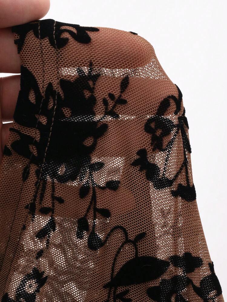 DAZY Blusa de cuello redondo de encaje transparente de ajuste ceñido para mujer, estilo Y2K primaveral - Marrón - Añade 8