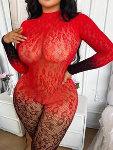 大码女士性感内衣连体衣，黑白渐变豹纹薄纱长袖露背连体衣 - 彩色 - 查看 4