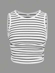 Girlism Tween Girl Ribbed Black & White Ribbed Round Neck Cinched Waist Casual Tank Top