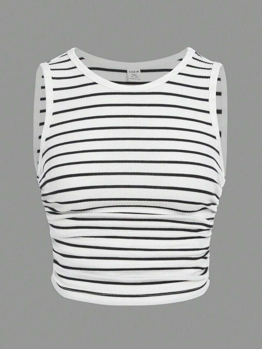Girlism Tween Girl Ribbed Black & White Ribbed Round Neck Cinched Waist Casual Tank Top