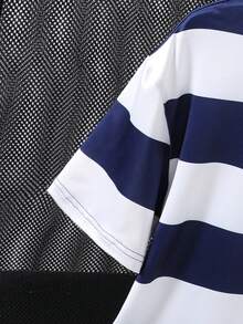 Mirajuku 1件青少年Polo衫，新款夏季休闲Polo衫，藏蓝色和白色宽条纹鹿刺绣，宽松短袖，翻领，适合日常穿着和通勤，新款预售 - 藍白色 - 查看 6