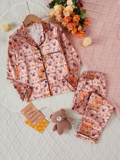Girls Cartoon Funny Print Faux Silk Lapel Collar Long Sleeve Pajama Set Kids Night Suit