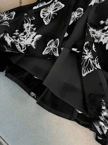 GlowEve CURVE Plus Size Women's Summer New Chinese Style Butterfly, Landscape & Floral Print Double-Layer Flutter Sleeve Design Round Neck Ruffle Hem Loose Comfortable Sweet Chiffon Blouse - Black - View 5