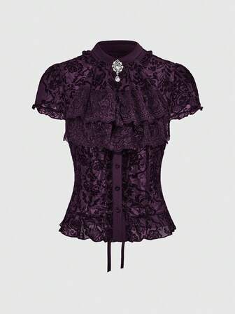 Blouse pour femmes de style gothique vintage avec col à volants amovible, pendentif baroque en cristal, manches à volants et ceinture à nouer