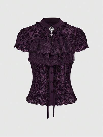 Goth Blusa da donna in stile gotico vintage con colletto staccabile arricciato, pendente barocco in cristallo, maniche a sbuffo arricciato e vita con fiocco