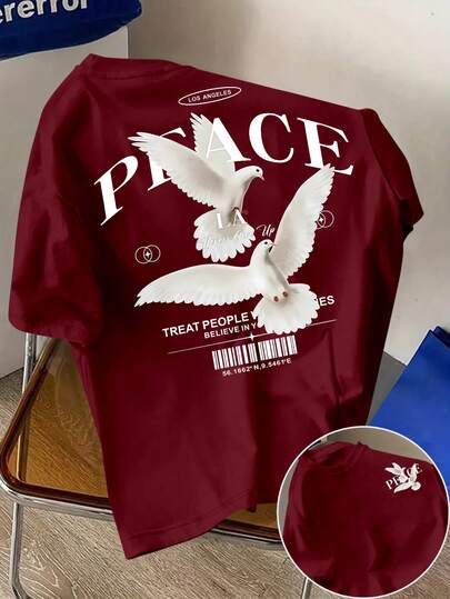 SHEIN Camiseta de manga corta de cuello redondo con estampado de letra y paloma, corte holgado, talla estándar para hombre