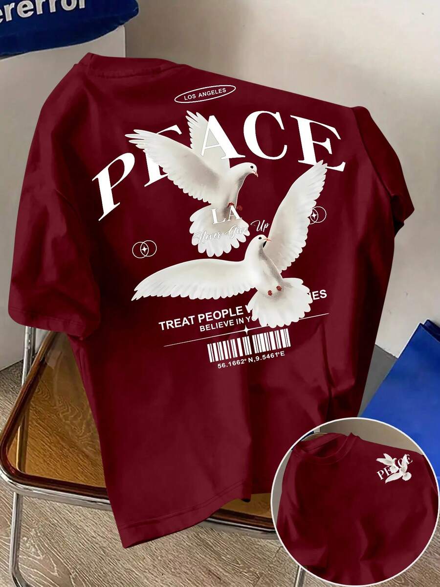 SHEIN Áo thun nam cổ tròn tay ngắn in chữ và chim bồ câu cỡ chuẩn - Màu Đỏ Sâu - Xem 1